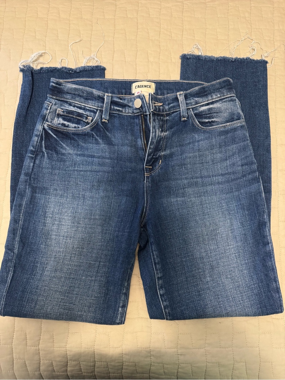 L'AGENCE Straight Leg Blue Denim Jeans with Raw Hem